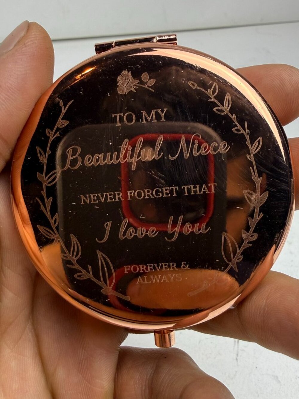 to my beautiful niece compact mirror rose gold metal pocket purse scuffed